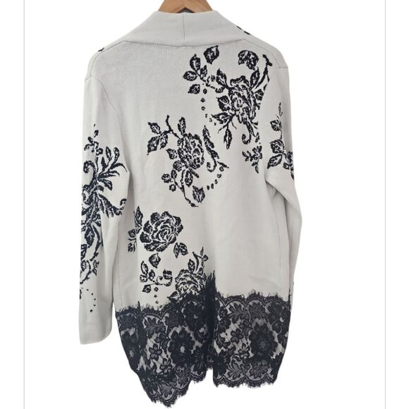 Chico's Open Front Floral Cardigan Sweater Sz 2 (L/XL) Lace Hem Feminine Chic - Picture 2 of 16